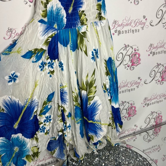 Hawaii dress floral white blue green fairy whimsical asymmetrical hem flowers - Picture 3 of 5
